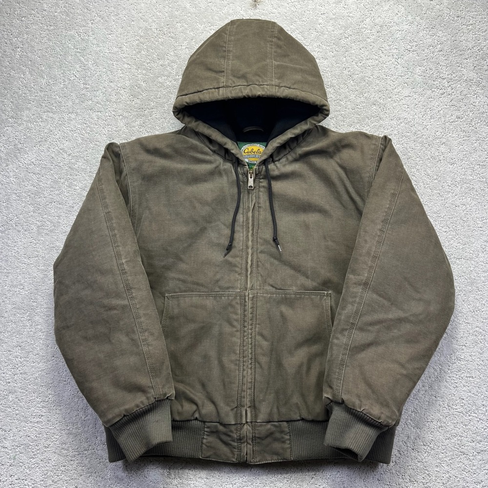Cabelas Woek Jacket Mens Large Brown Canvas Hooded Thinsulate Quilted Lining